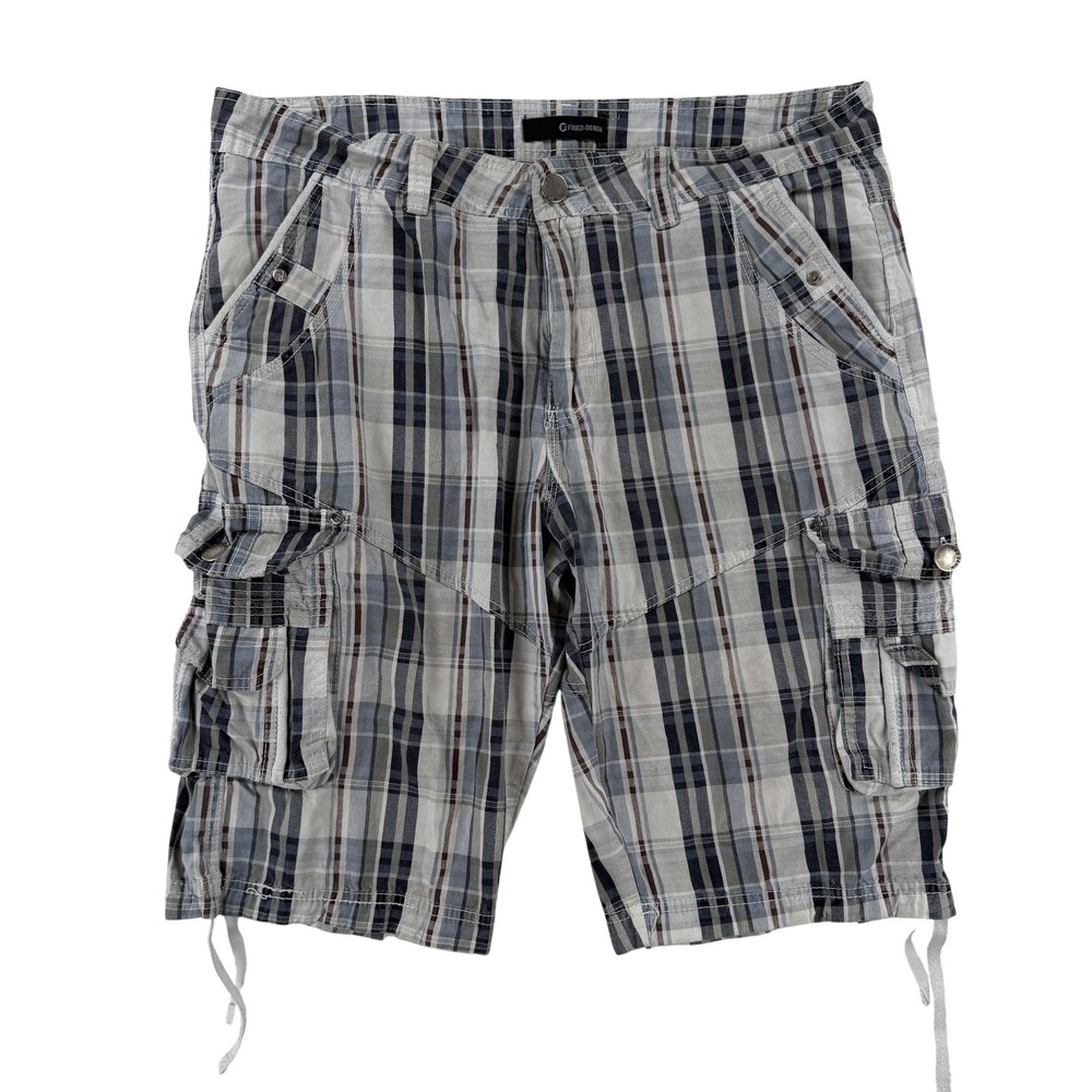 Fried Denim Cargo Shorts Mens 36 Gray Plaid Cotton Canvas 8 Inseam Casual Summer
